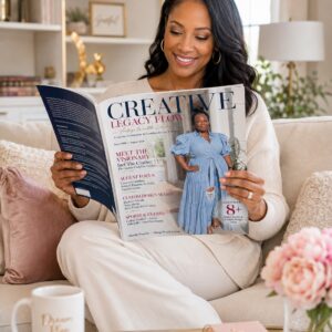 Woman reading the CREATTV Legacy Flow Magazine by Vintage Wealth Society