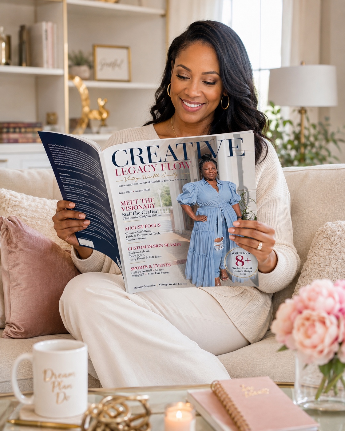 Woman reading the CREATTV Legacy Flow Magazine by Vintage Wealth Society